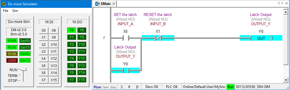 Ladder Logic Simulator – Latching Logic Set